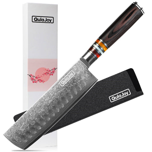 Qulajoy 7 Inch Nakiri Chef Knife,Professional Japanese 67 Layers Damascus VG-10 Steel Core,Hammered Vegetable Cutting Knife,Ergonomic Pakkawood Handle With Sheath