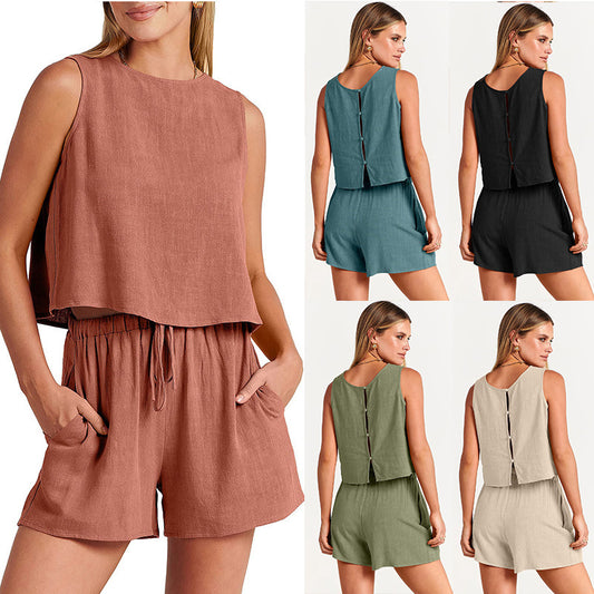 womens-set-summer-sleeveless-tops-and-drawstring-shorts-fashion-suit-2pcs