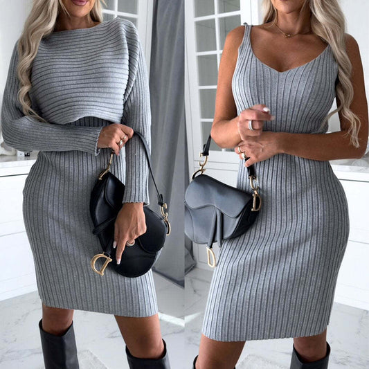 2pcs-suit-womens-solid-stripe-long-sleeved-top-and-tight-suspender-skirt-fashion-autumn-winter-slim-clothing